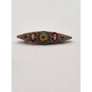 Vintage Italian Micro Mosaic Floral Brooch Gold Tone Marquise Millefiori Pin